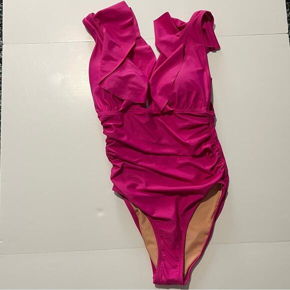 J Crew Ruched Ruffle One-Piece Swimsuit Radiant Fuchisa - Picture 2 of 14